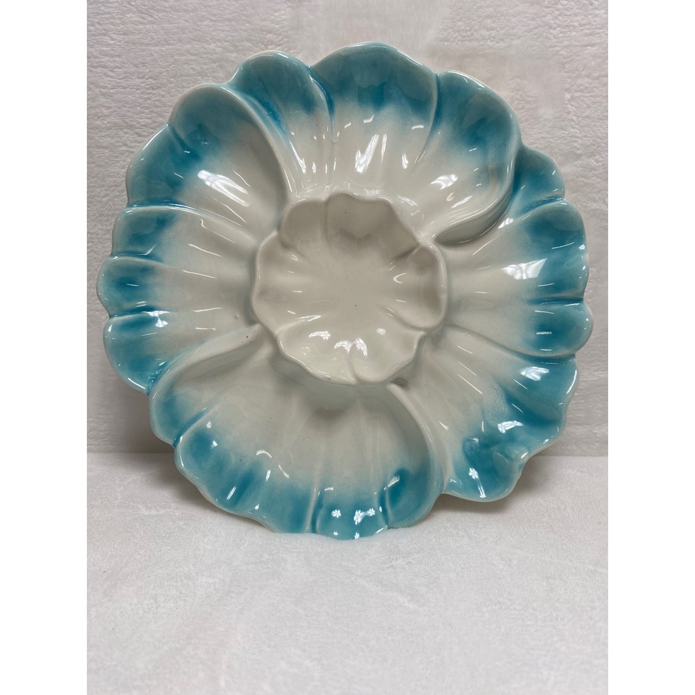 VTG Blue White Ceramic Flower Shaped Serving Dish Divided Appetizer Deviled Eggs